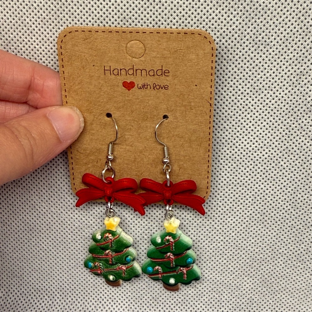 Handmade Red Bow Christmas Tree Earrings